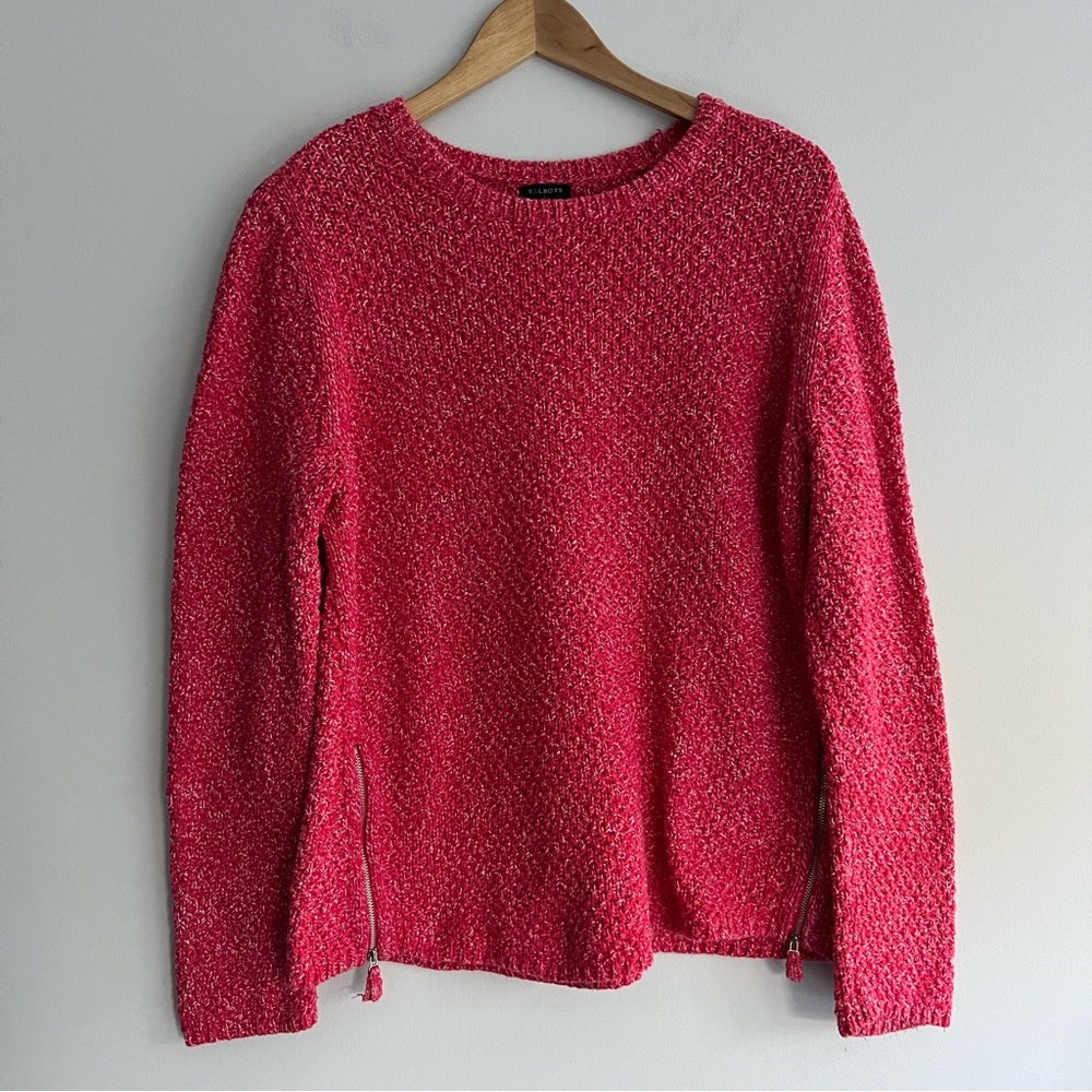 Talbots Vibrant Pink Crew Neck Sweater With Zipper Details Large